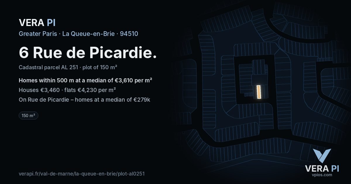 6 Rue de Picardie, La Queue-en-Brie at night – the plot lit, the parcels around coloured by the prices near them