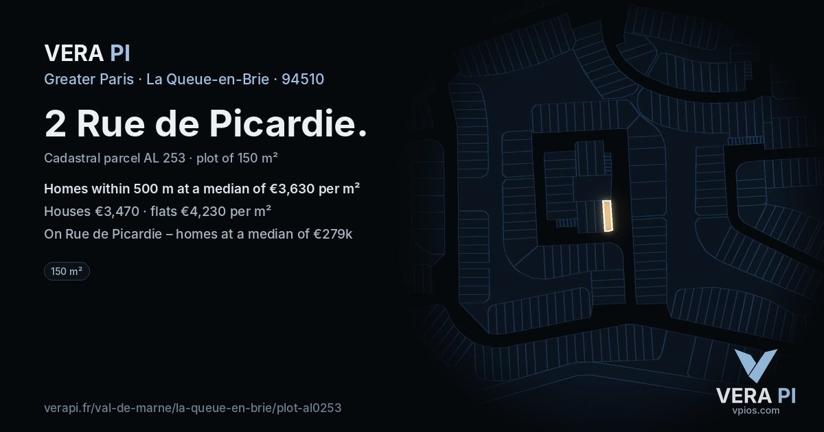 2 Rue de Picardie, La Queue-en-Brie at night – the plot lit, the parcels around coloured by the prices near them