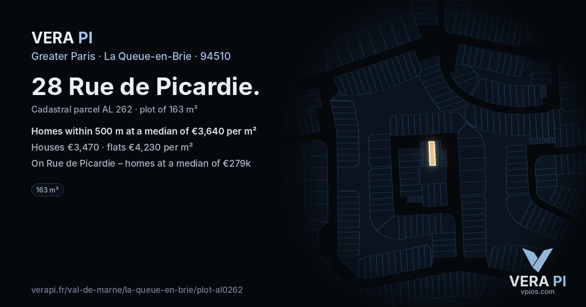 28 Rue de Picardie, La Queue-en-Brie at night – the plot lit, the parcels around coloured by the prices near them