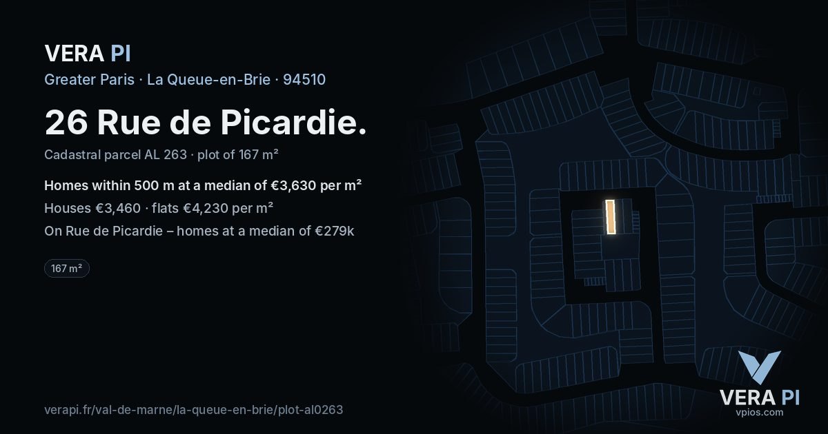 26 Rue de Picardie, La Queue-en-Brie at night – the plot lit, the parcels around coloured by the prices near them