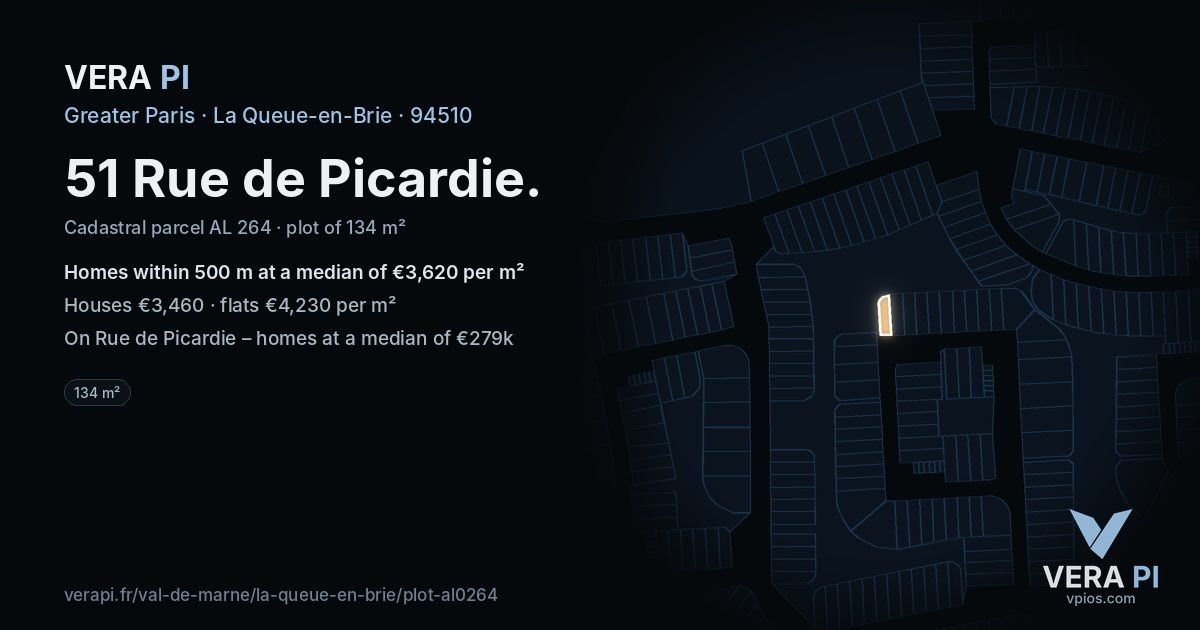 51 Rue de Picardie, La Queue-en-Brie at night – the plot lit, the parcels around coloured by the prices near them