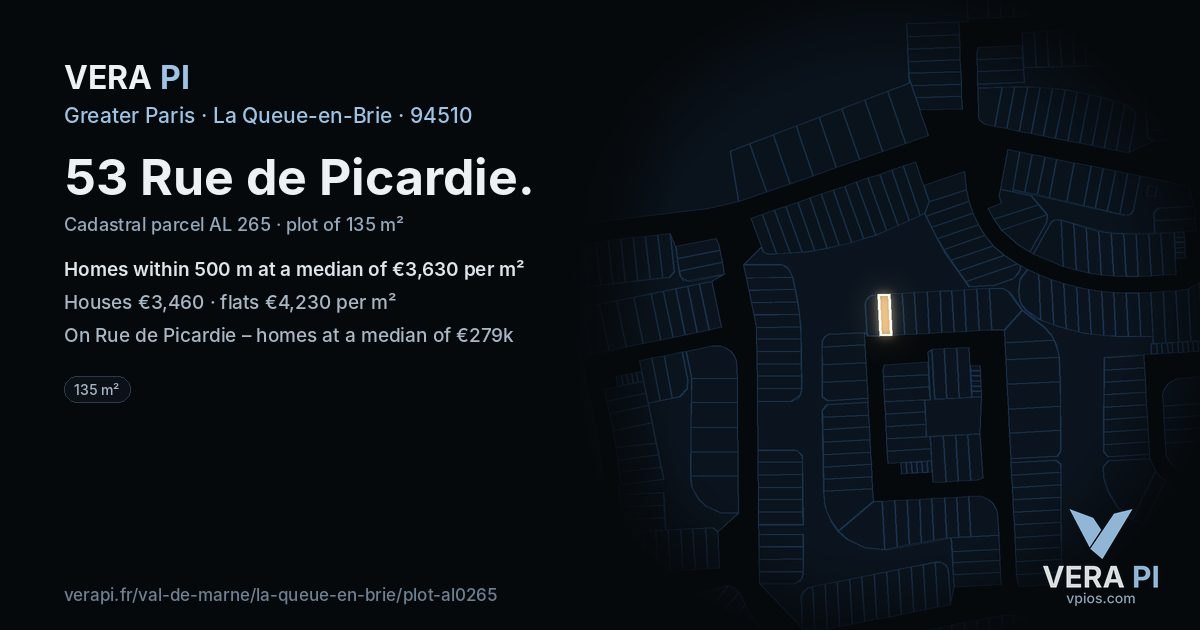 53 Rue de Picardie, La Queue-en-Brie at night – the plot lit, the parcels around coloured by the prices near them