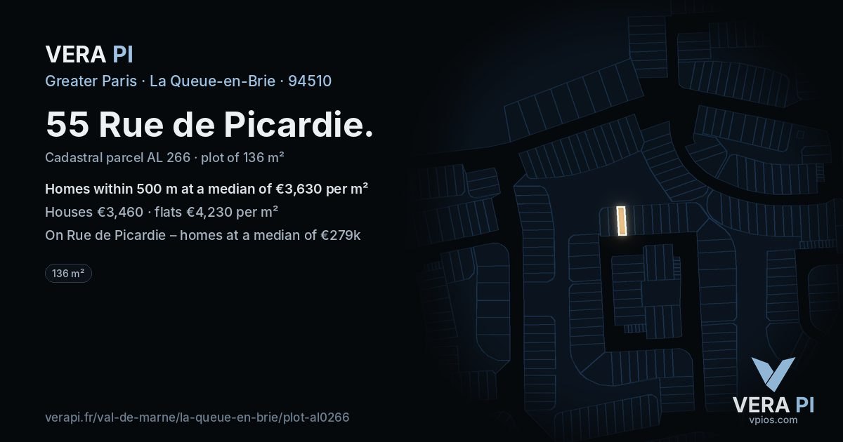 55 Rue de Picardie, La Queue-en-Brie at night – the plot lit, the parcels around coloured by the prices near them