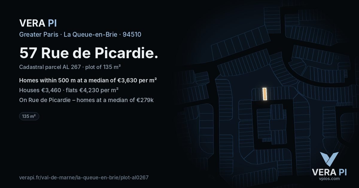 57 Rue de Picardie, La Queue-en-Brie at night – the plot lit, the parcels around coloured by the prices near them