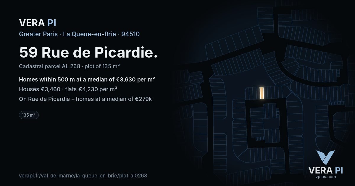 59 Rue de Picardie, La Queue-en-Brie at night – the plot lit, the parcels around coloured by the prices near them