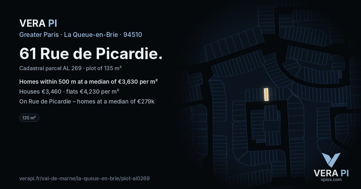 61 Rue de Picardie, La Queue-en-Brie at night – the plot lit, the parcels around coloured by the prices near them