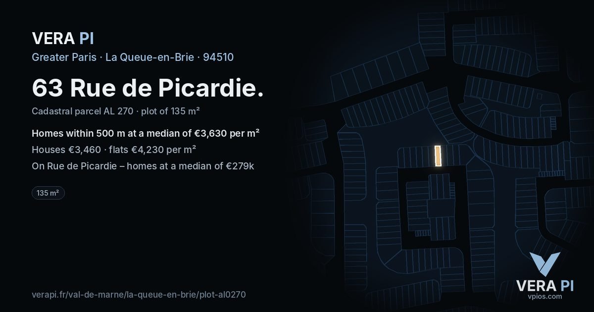 63 Rue de Picardie, La Queue-en-Brie at night – the plot lit, the parcels around coloured by the prices near them