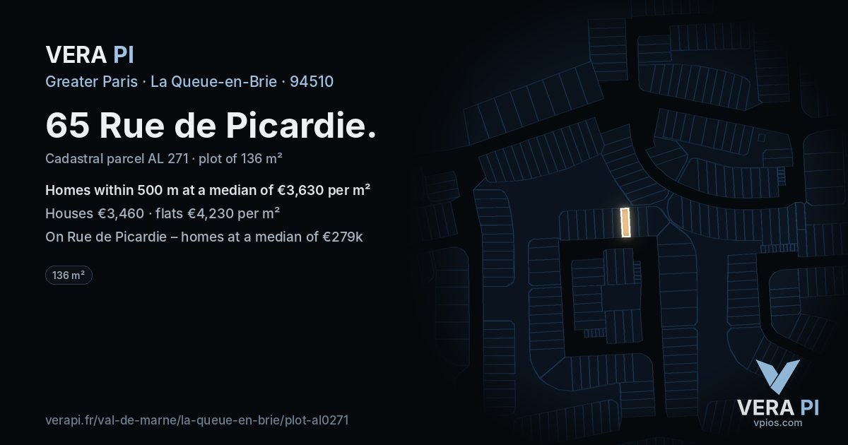 65 Rue de Picardie, La Queue-en-Brie at night – the plot lit, the parcels around coloured by the prices near them