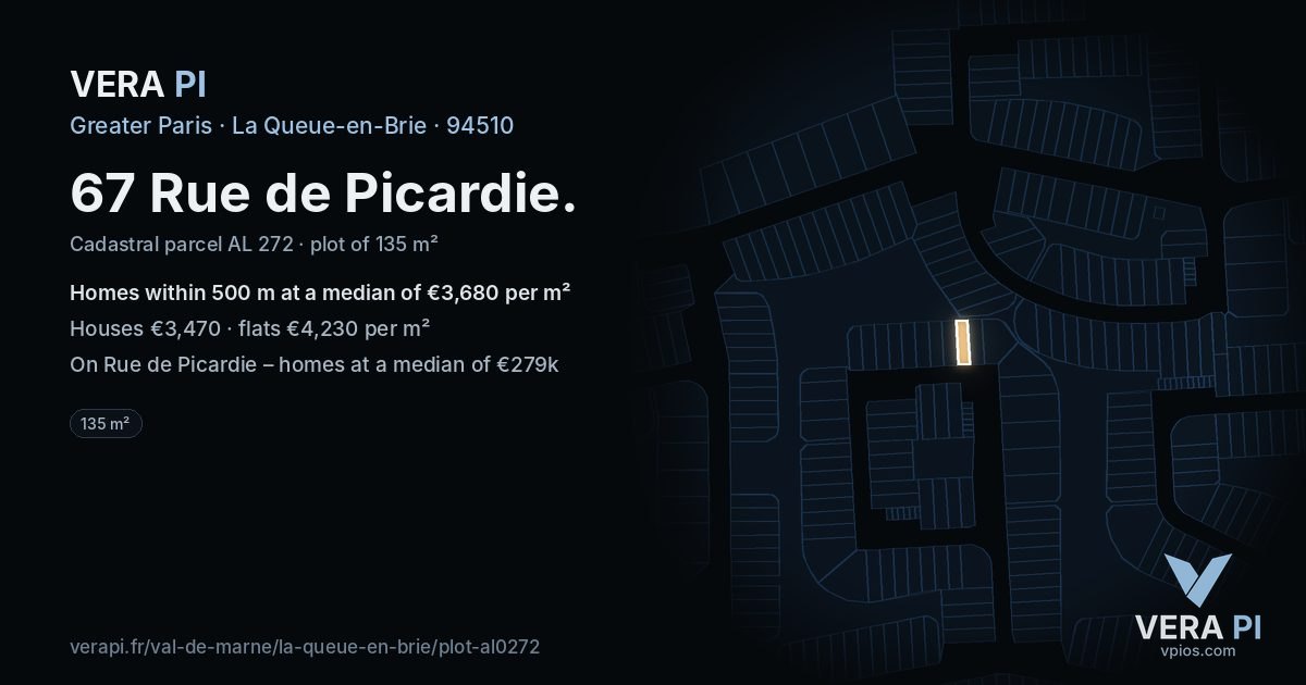 67 Rue de Picardie, La Queue-en-Brie at night – the plot lit, the parcels around coloured by the prices near them