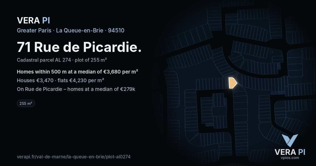 71 Rue de Picardie, La Queue-en-Brie at night – the plot lit, the parcels around coloured by the prices near them