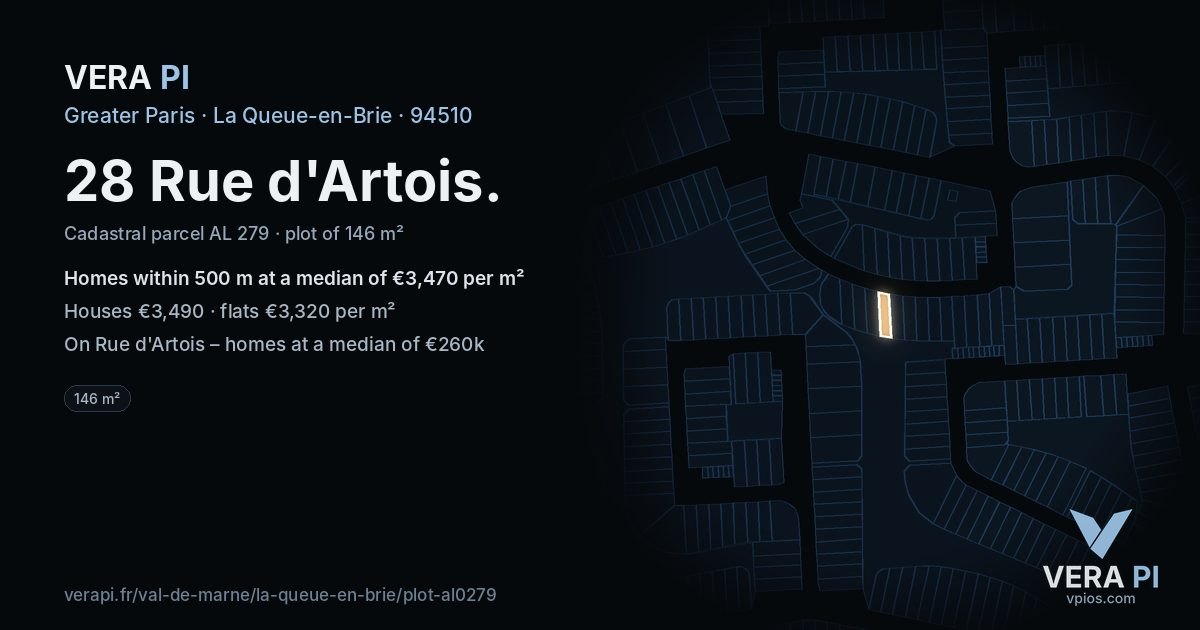28 Rue d'Artois, La Queue-en-Brie at night – the plot lit, the parcels around coloured by the prices near them
