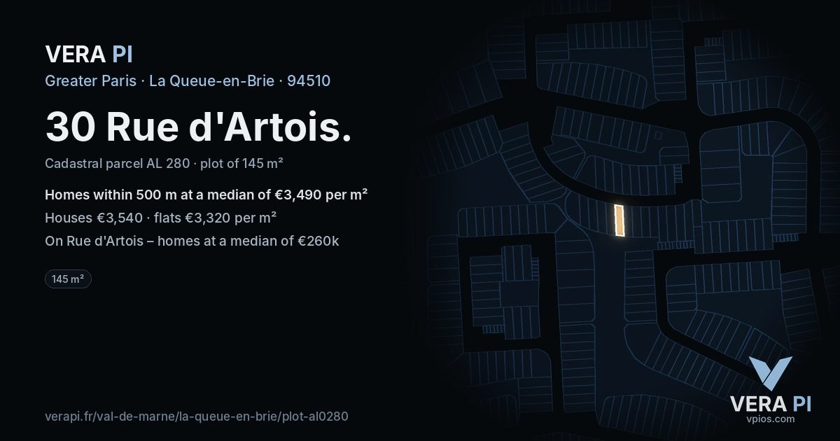 30 Rue d'Artois, La Queue-en-Brie at night – the plot lit, the parcels around coloured by the prices near them