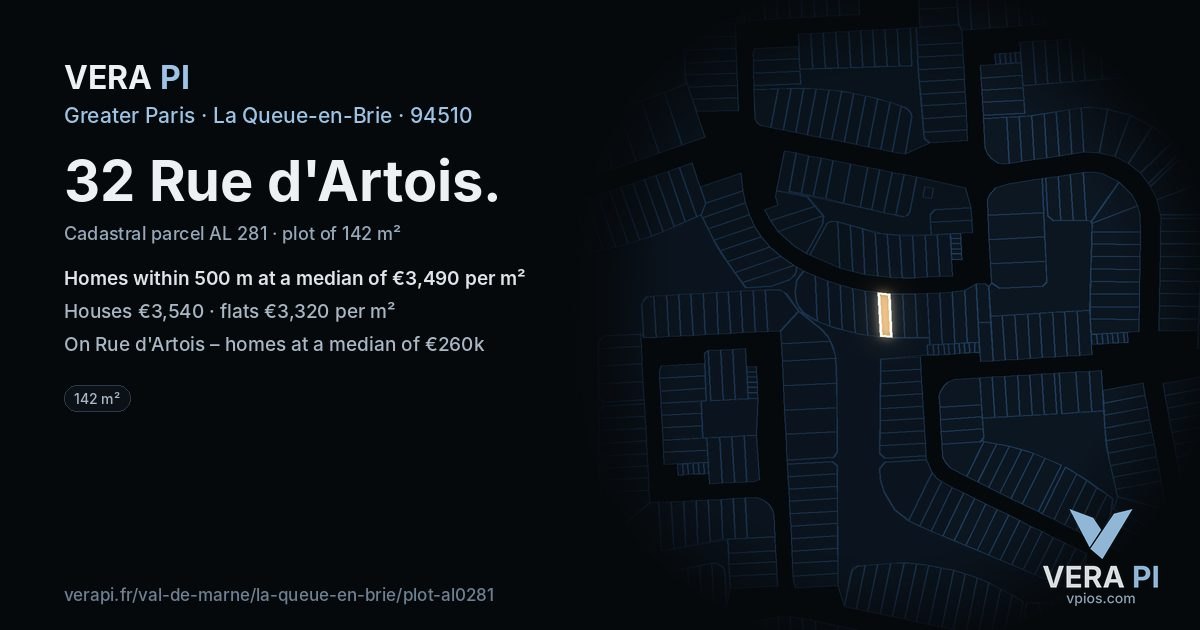 32 Rue d'Artois, La Queue-en-Brie at night – the plot lit, the parcels around coloured by the prices near them