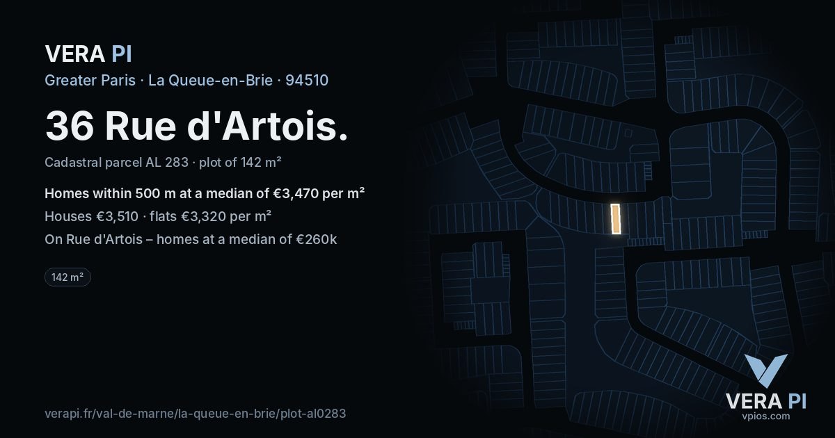36 Rue d'Artois, La Queue-en-Brie at night – the plot lit, the parcels around coloured by the prices near them