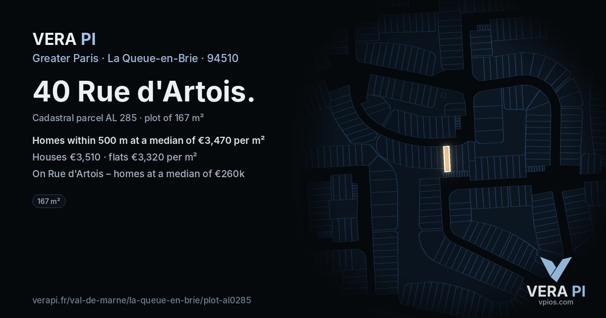 40 Rue d'Artois, La Queue-en-Brie at night – the plot lit, the parcels around coloured by the prices near them