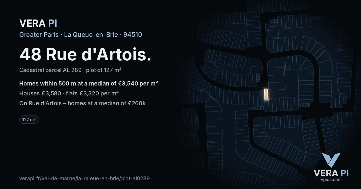 48 Rue d'Artois, La Queue-en-Brie at night – the plot lit, the parcels around coloured by the prices near them