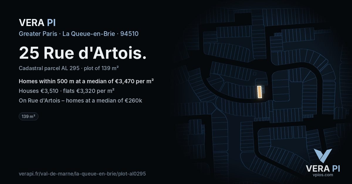 25 Rue d'Artois, La Queue-en-Brie at night – the plot lit, the parcels around coloured by the prices near them