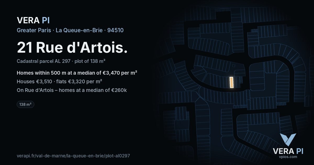 21 Rue d'Artois, La Queue-en-Brie at night – the plot lit, the parcels around coloured by the prices near them