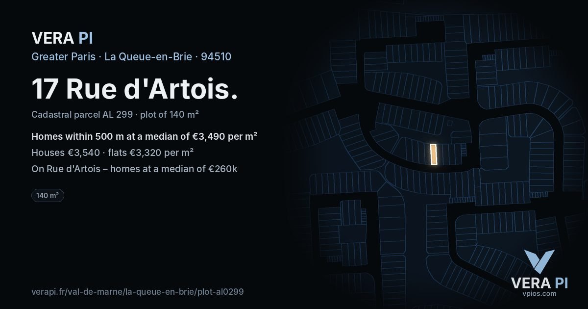 17 Rue d'Artois, La Queue-en-Brie at night – the plot lit, the parcels around coloured by the prices near them