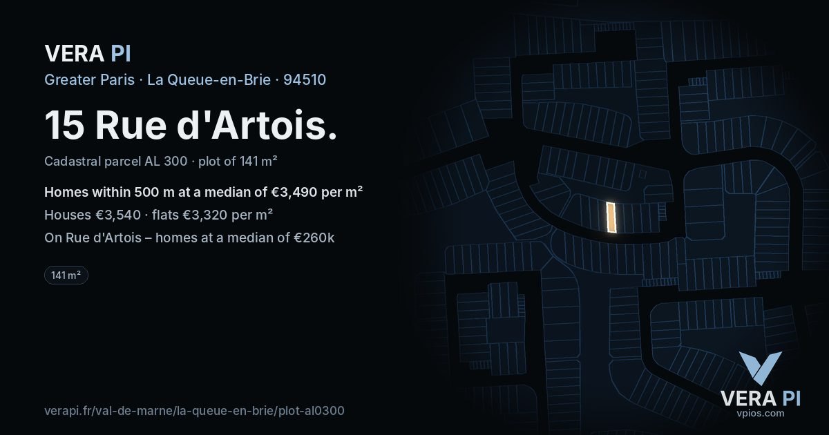 15 Rue d'Artois, La Queue-en-Brie at night – the plot lit, the parcels around coloured by the prices near them