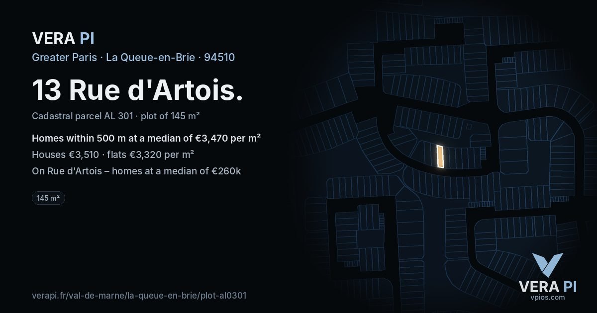 13 Rue d'Artois, La Queue-en-Brie at night – the plot lit, the parcels around coloured by the prices near them