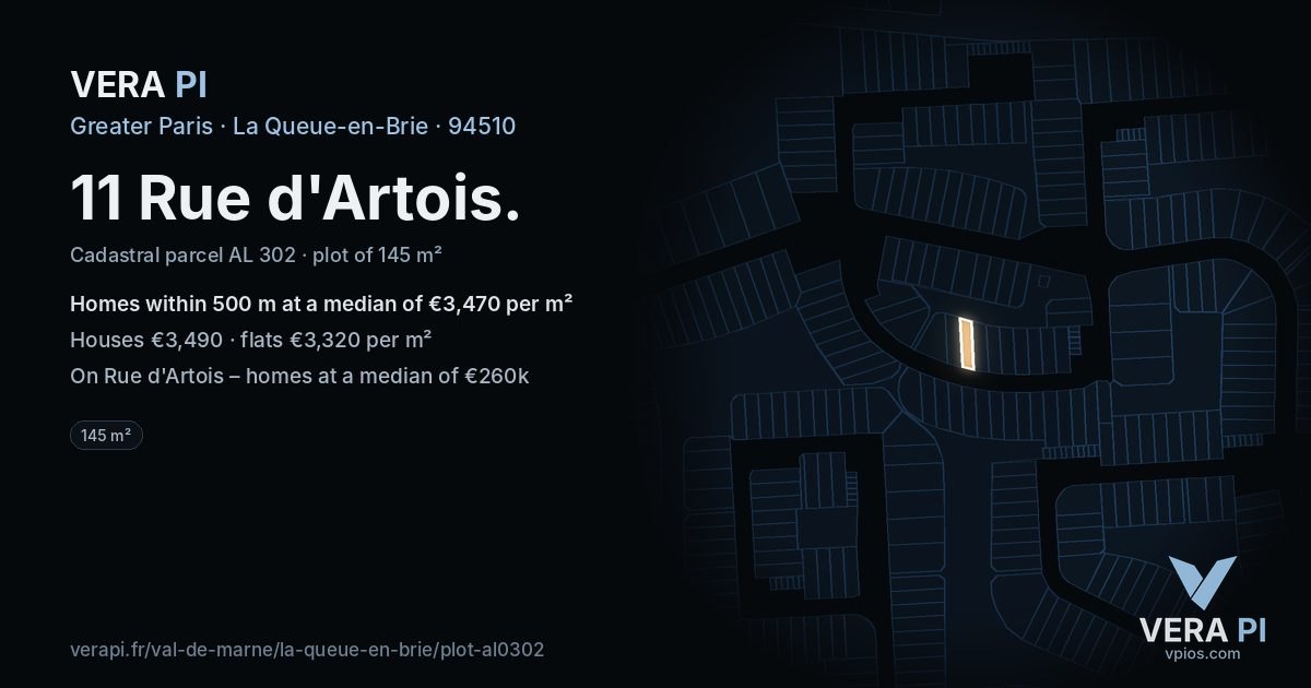 11 Rue d'Artois, La Queue-en-Brie at night – the plot lit, the parcels around coloured by the prices near them