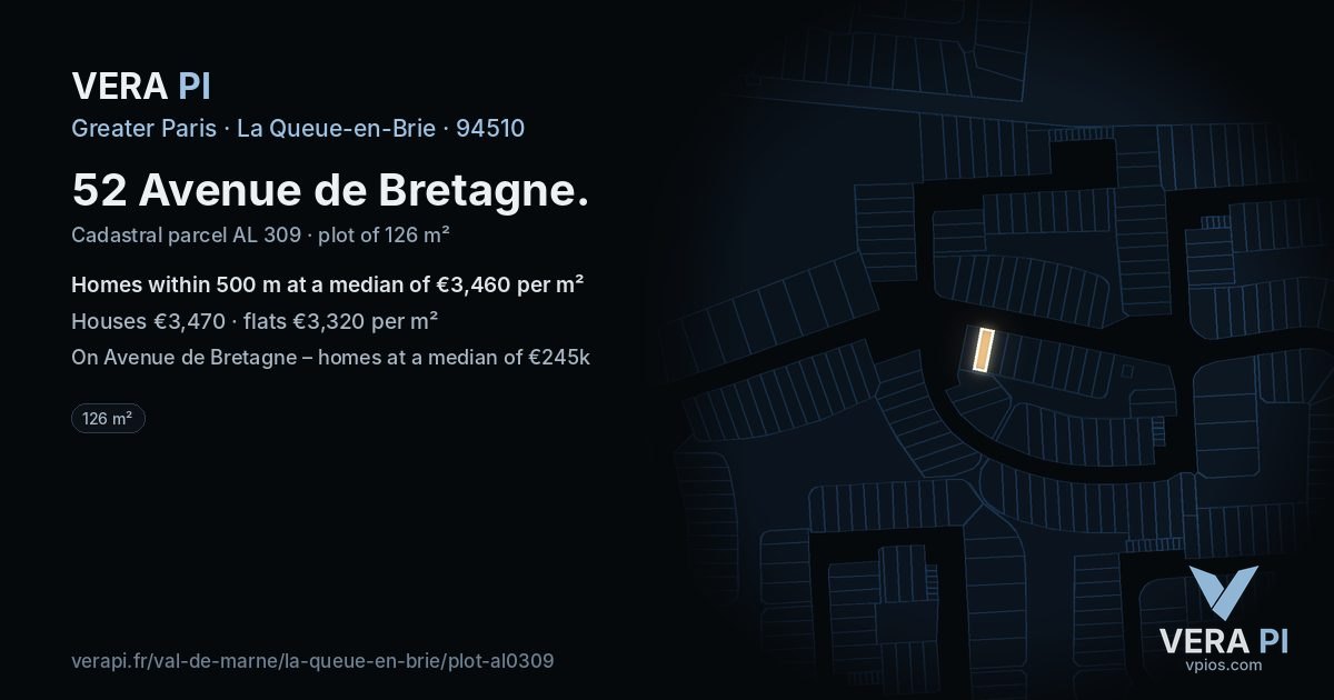 52 Avenue de Bretagne, La Queue-en-Brie at night – the plot lit, the parcels around coloured by the prices near them
