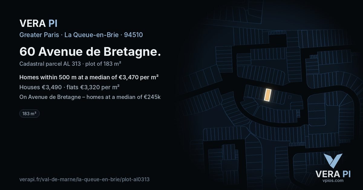 60 Avenue de Bretagne, La Queue-en-Brie at night – the plot lit, the parcels around coloured by the prices near them