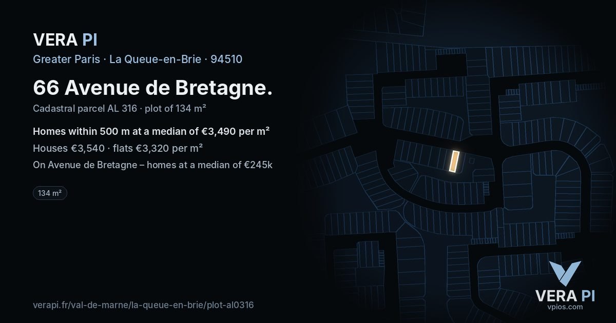 66 Avenue de Bretagne, La Queue-en-Brie at night – the plot lit, the parcels around coloured by the prices near them