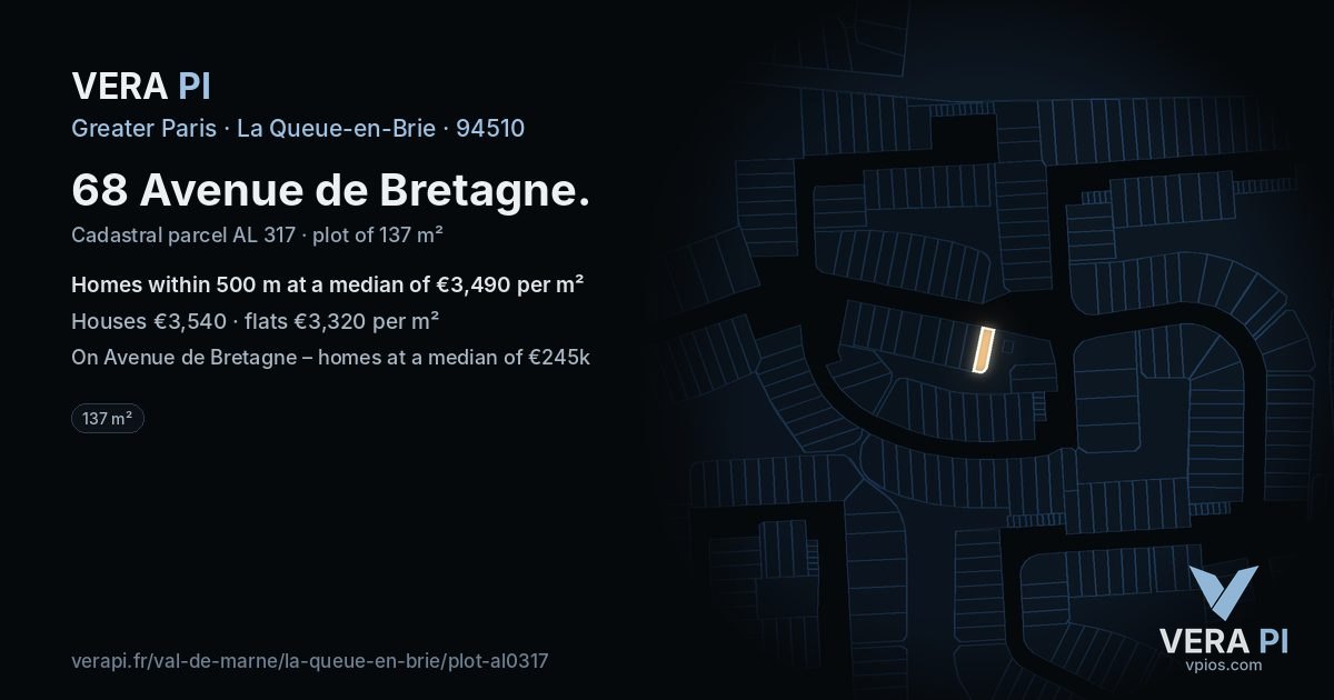 68 Avenue de Bretagne, La Queue-en-Brie at night – the plot lit, the parcels around coloured by the prices near them
