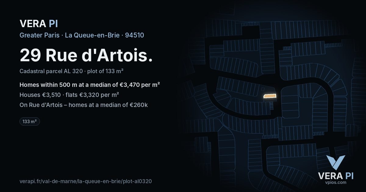 29 Rue d'Artois, La Queue-en-Brie at night – the plot lit, the parcels around coloured by the prices near them