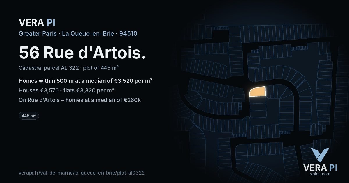 56 Rue d'Artois, La Queue-en-Brie at night – the plot lit, the parcels around coloured by the prices near them