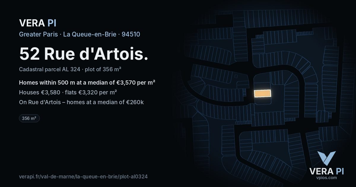 52 Rue d'Artois, La Queue-en-Brie at night – the plot lit, the parcels around coloured by the prices near them
