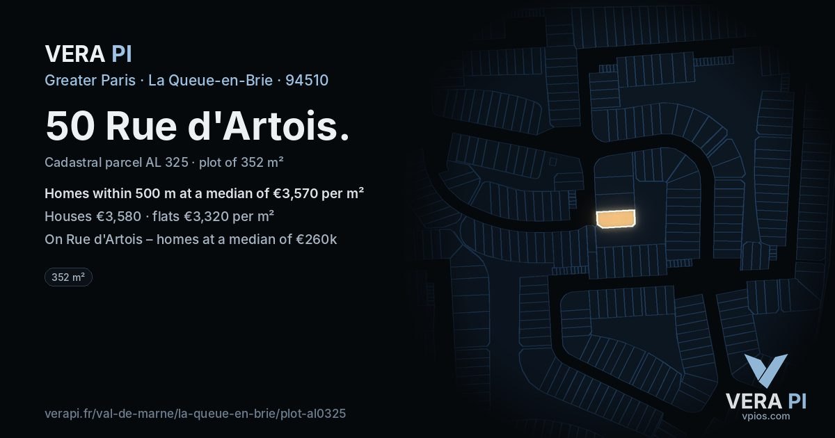 50 Rue d'Artois, La Queue-en-Brie at night – the plot lit, the parcels around coloured by the prices near them