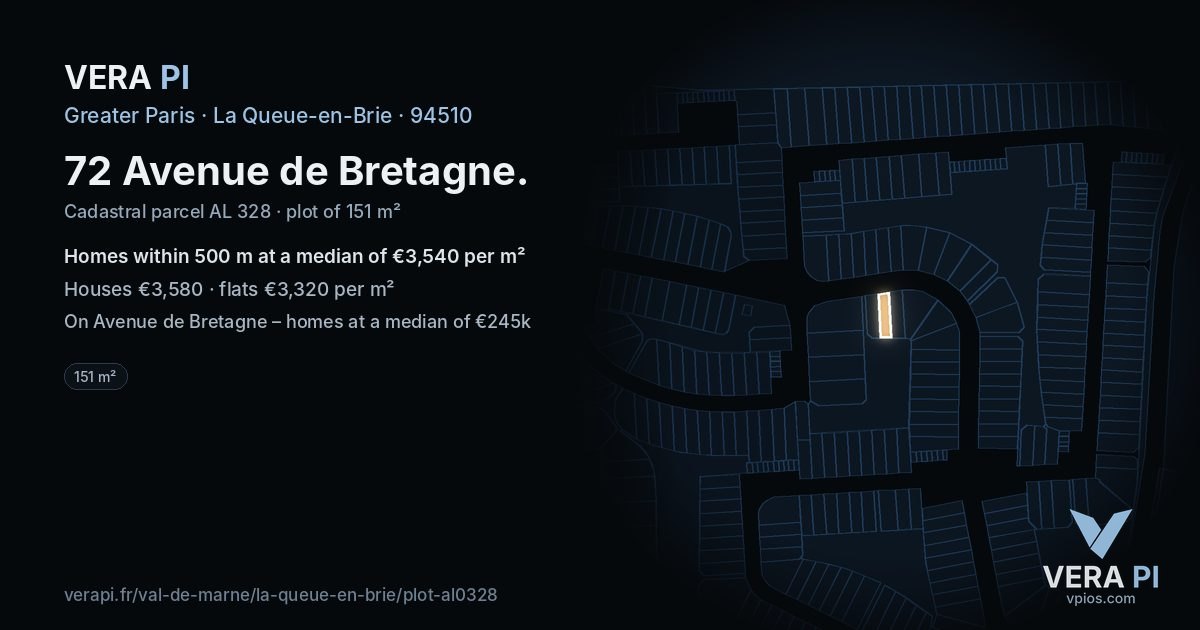 72 Avenue de Bretagne, La Queue-en-Brie at night – the plot lit, the parcels around coloured by the prices near them