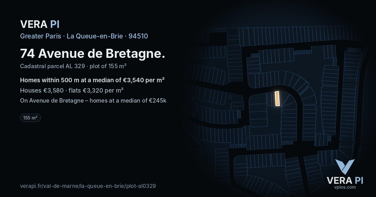 74 Avenue de Bretagne, La Queue-en-Brie at night – the plot lit, the parcels around coloured by the prices near them