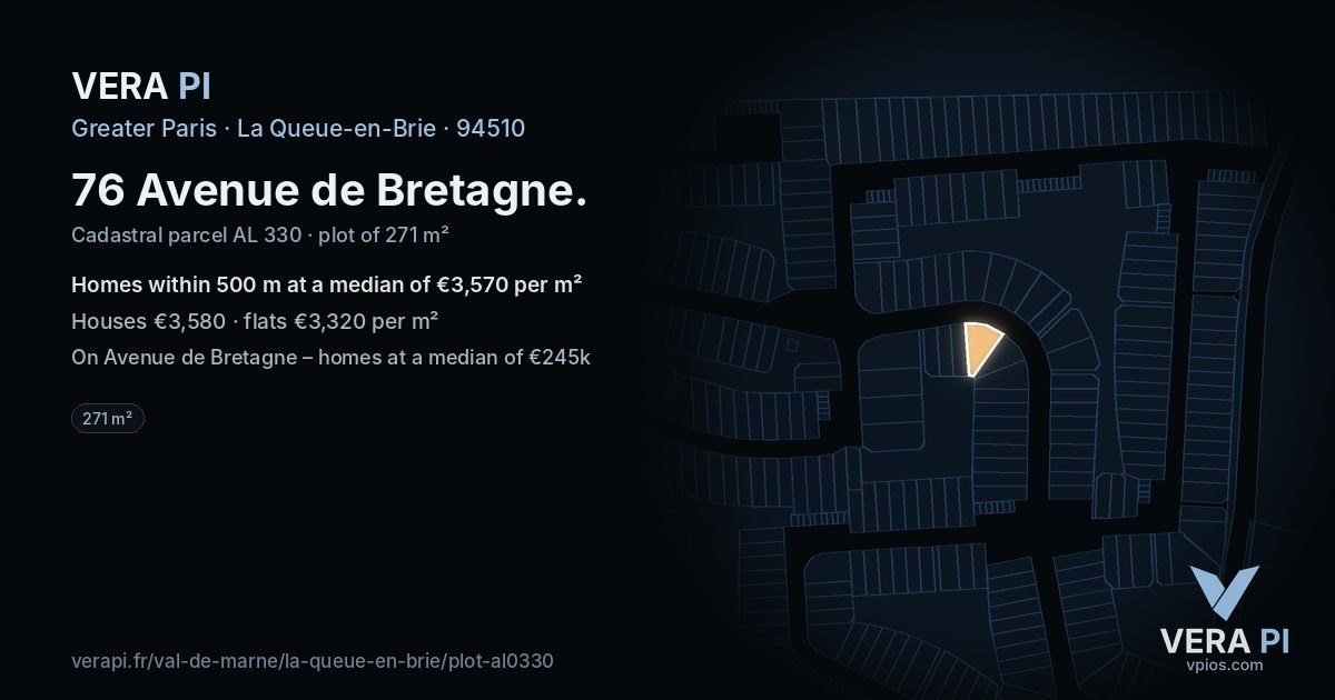 76 Avenue de Bretagne, La Queue-en-Brie at night – the plot lit, the parcels around coloured by the prices near them