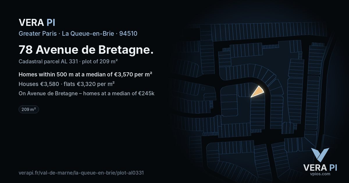 78 Avenue de Bretagne, La Queue-en-Brie at night – the plot lit, the parcels around coloured by the prices near them
