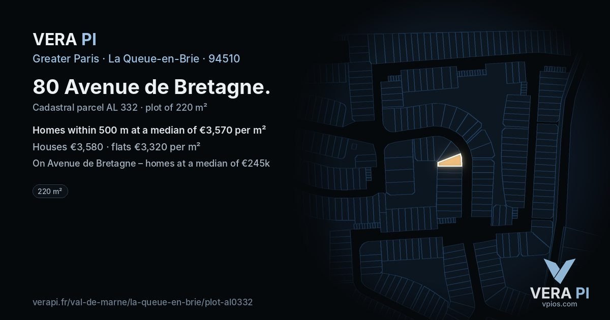 80 Avenue de Bretagne, La Queue-en-Brie at night – the plot lit, the parcels around coloured by the prices near them