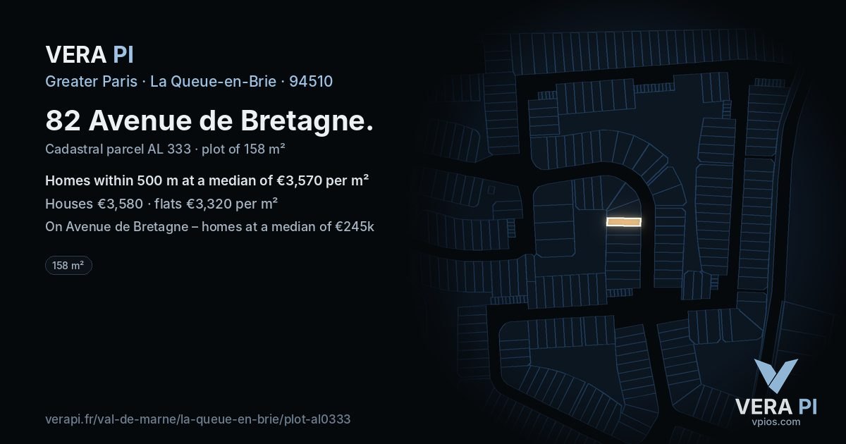 82 Avenue de Bretagne, La Queue-en-Brie at night – the plot lit, the parcels around coloured by the prices near them