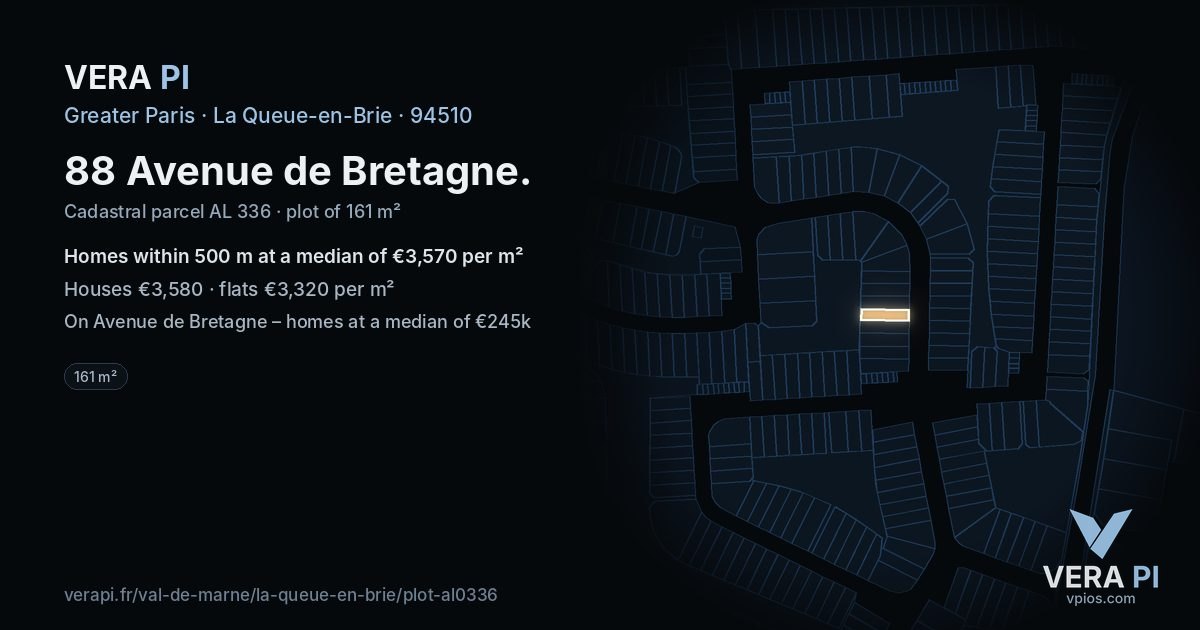 88 Avenue de Bretagne, La Queue-en-Brie at night – the plot lit, the parcels around coloured by the prices near them