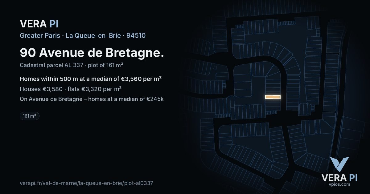 90 Avenue de Bretagne, La Queue-en-Brie at night – the plot lit, the parcels around coloured by the prices near them