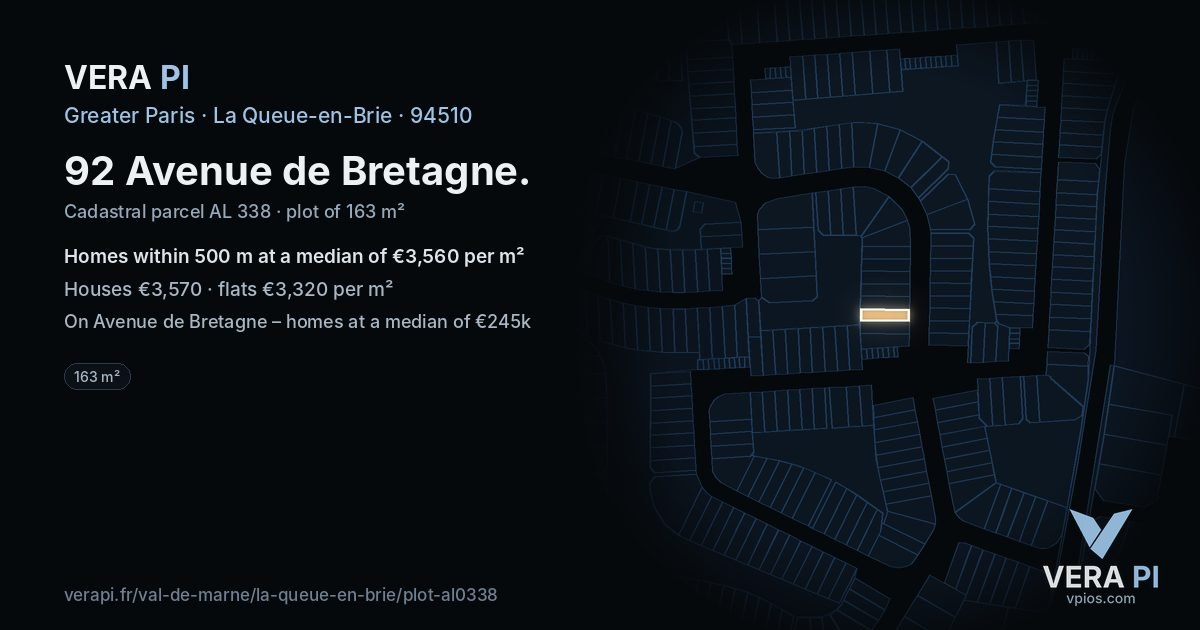 92 Avenue de Bretagne, La Queue-en-Brie at night – the plot lit, the parcels around coloured by the prices near them