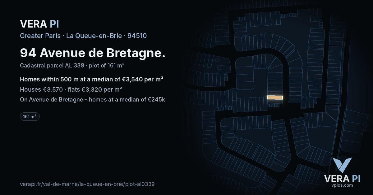 94 Avenue de Bretagne, La Queue-en-Brie at night – the plot lit, the parcels around coloured by the prices near them