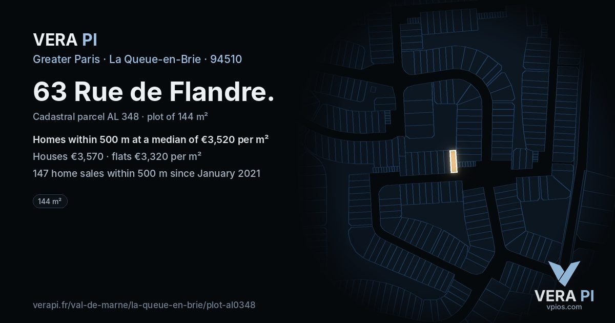 63 Rue de Flandre, La Queue-en-Brie at night – the plot lit, the parcels around coloured by the prices near them