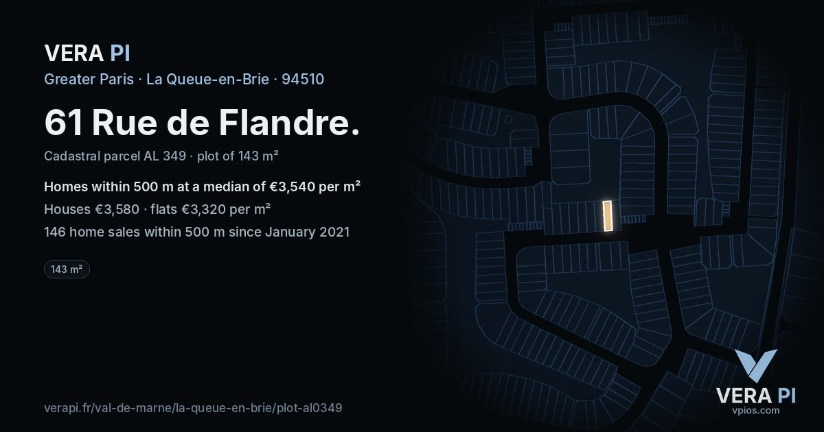 61 Rue de Flandre, La Queue-en-Brie at night – the plot lit, the parcels around coloured by the prices near them