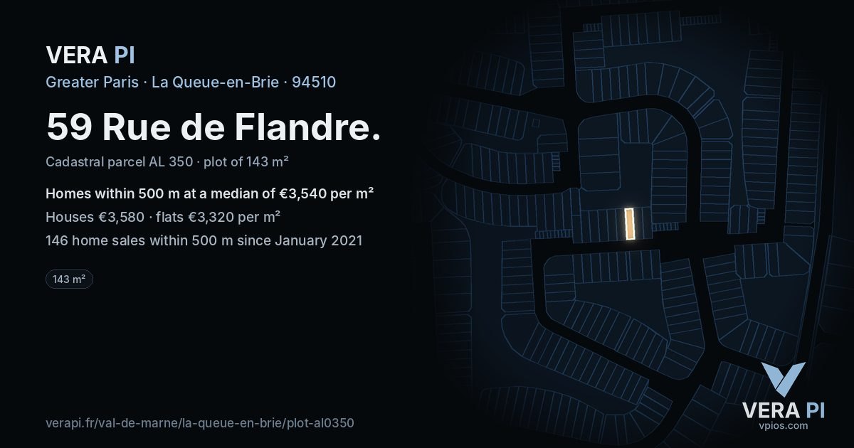 59 Rue de Flandre, La Queue-en-Brie at night – the plot lit, the parcels around coloured by the prices near them
