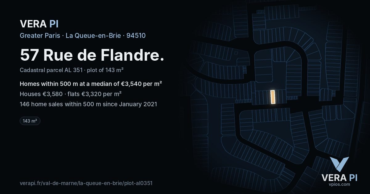 57 Rue de Flandre, La Queue-en-Brie at night – the plot lit, the parcels around coloured by the prices near them