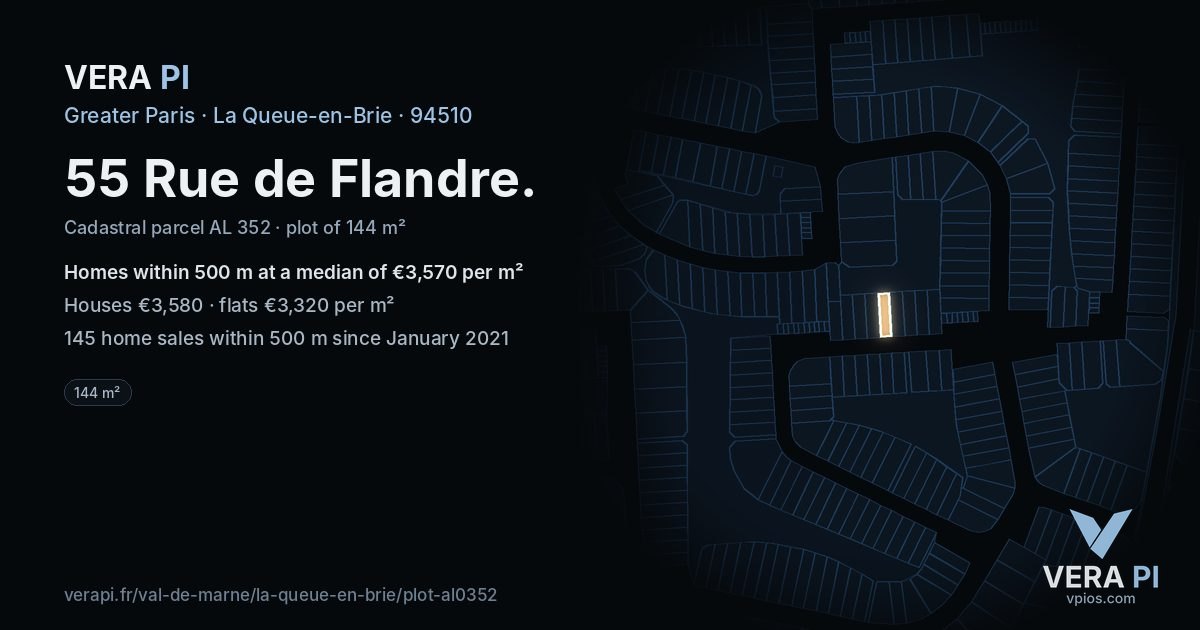 55 Rue de Flandre, La Queue-en-Brie at night – the plot lit, the parcels around coloured by the prices near them