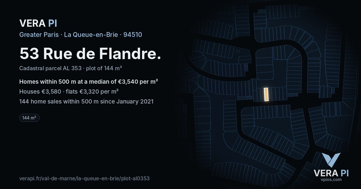 53 Rue de Flandre, La Queue-en-Brie at night – the plot lit, the parcels around coloured by the prices near them